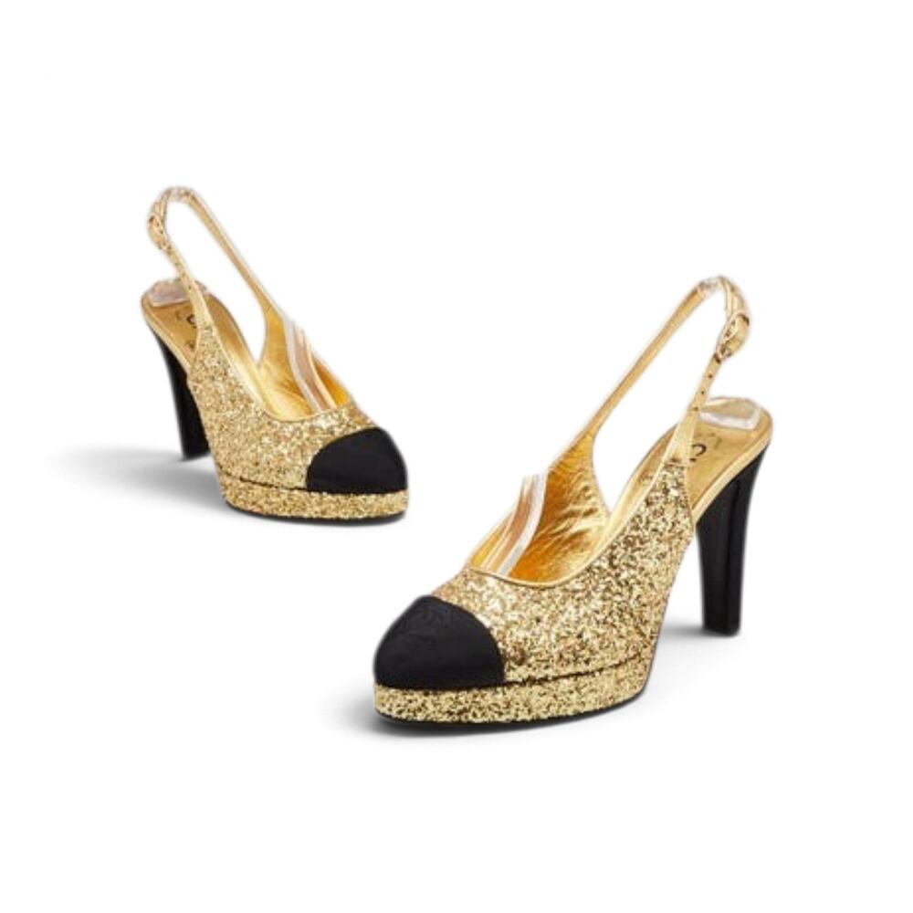 Chanel Gold Glitter Cap Toe Interlocking CC Sling Back Pumps 36 sz